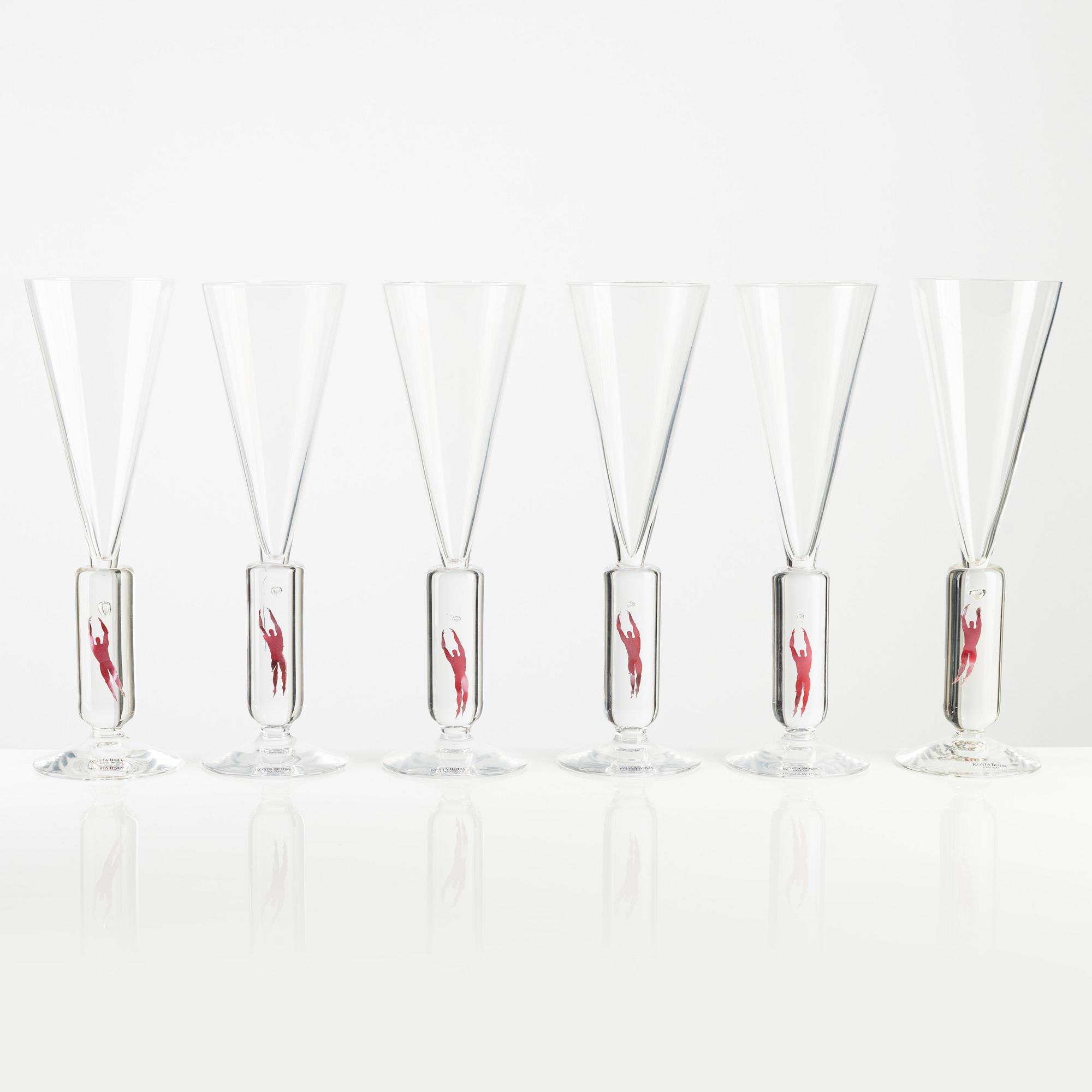 Bertil Vallien, champagne glasses, 6 pcs, "Millennium", Kosta Boda.