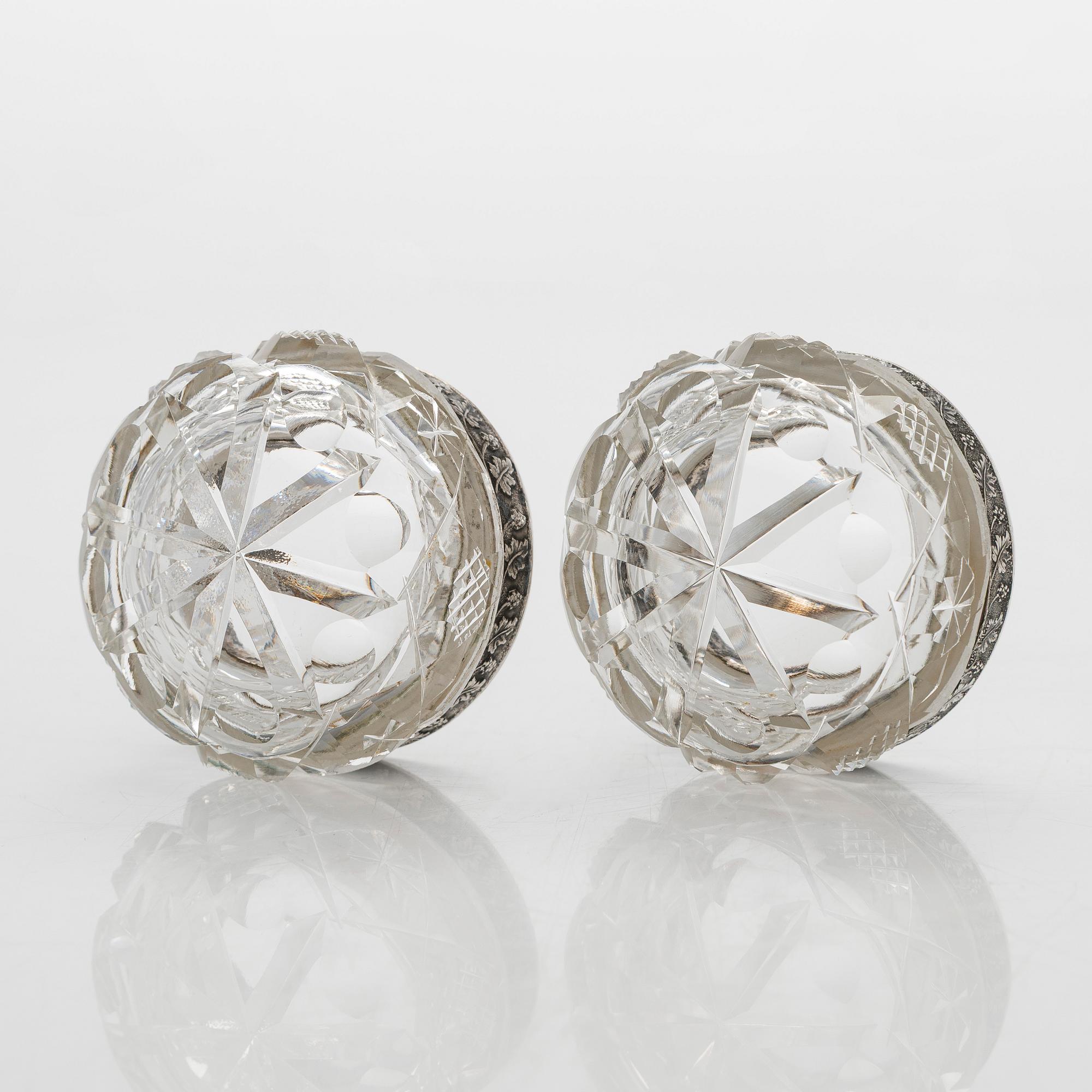 A set of six Estonian glass and silver salt cellars, maker's mark of Hirsch Markowitsch, Tallinn 1922-39.