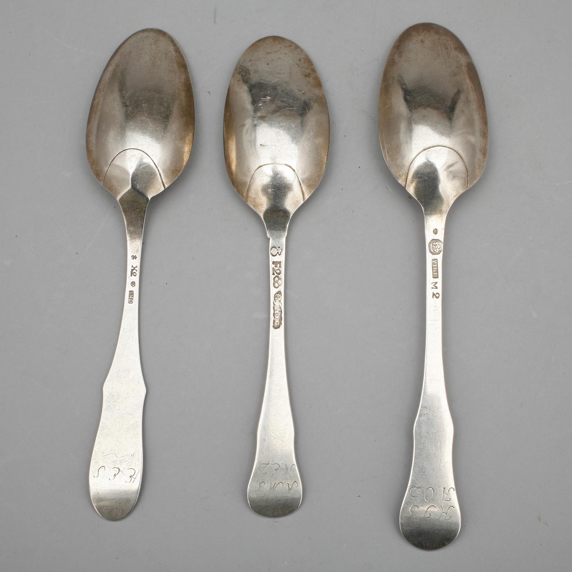 SKEDAR, silver, 5 st, bland annat Peter Phil, 1788, Västervik, mestadels 1700-tal. Vikt ca 232 gram.