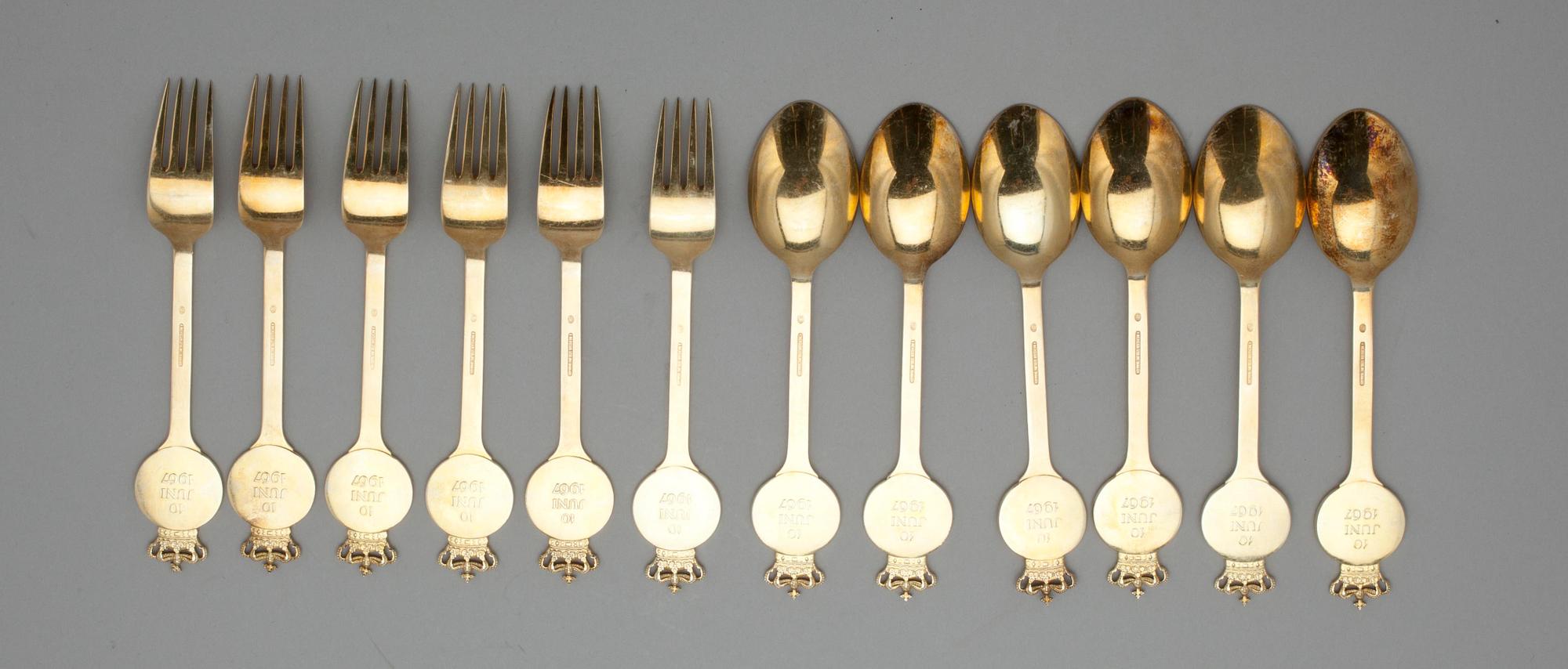 BESTICK, 6+6, förgylld sterling silver, stämplade A. Michelsen, Egil Jensen, Danmark. Tot. vikt ca 575,0 g.