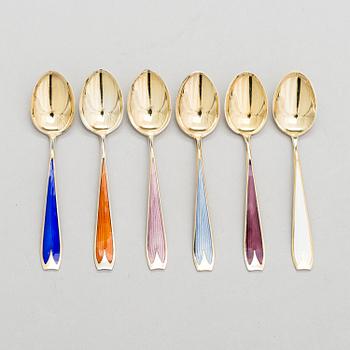 A set of six enamelled, gilt silver espresso spoons, Tillander, Helsinki 1955-56.