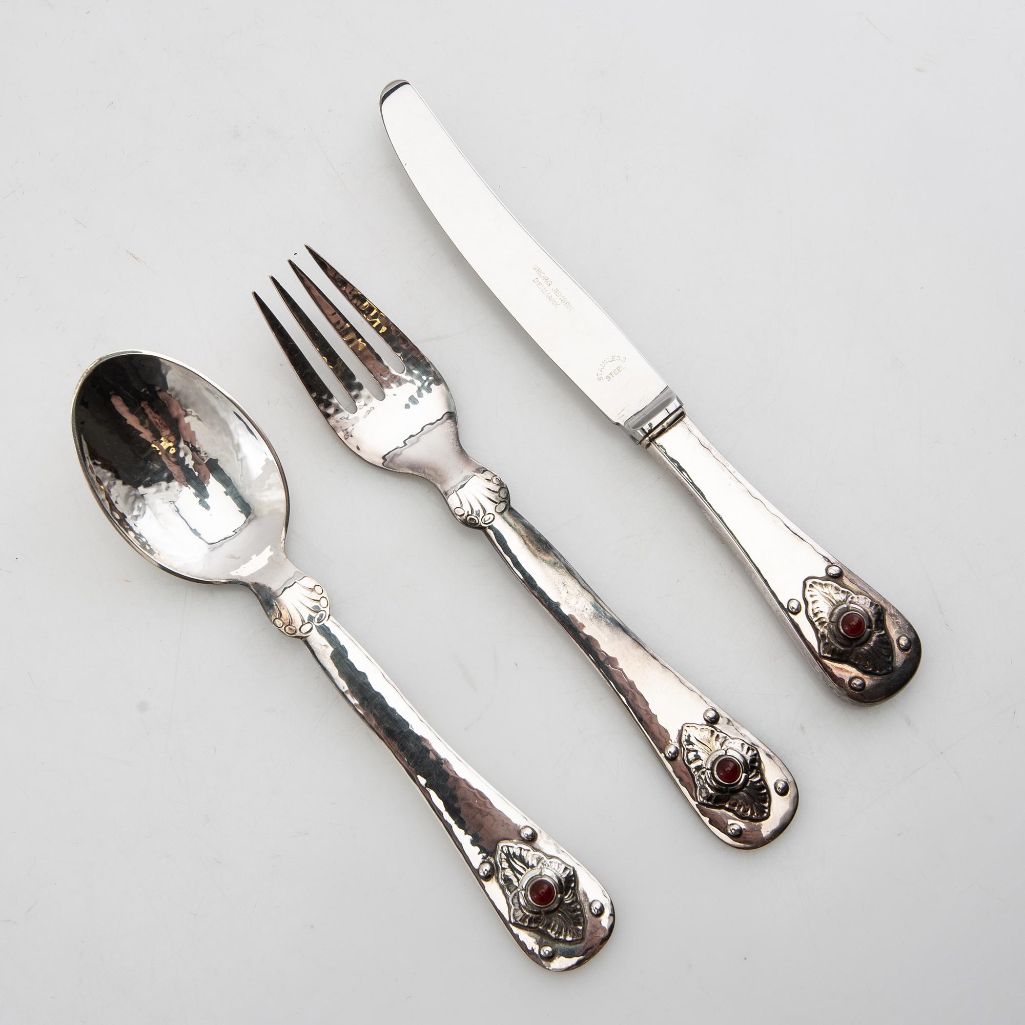 Georg Jensen, anniversary cutlery 6 dlr sterling silver and carnelian 1979 Denmark.