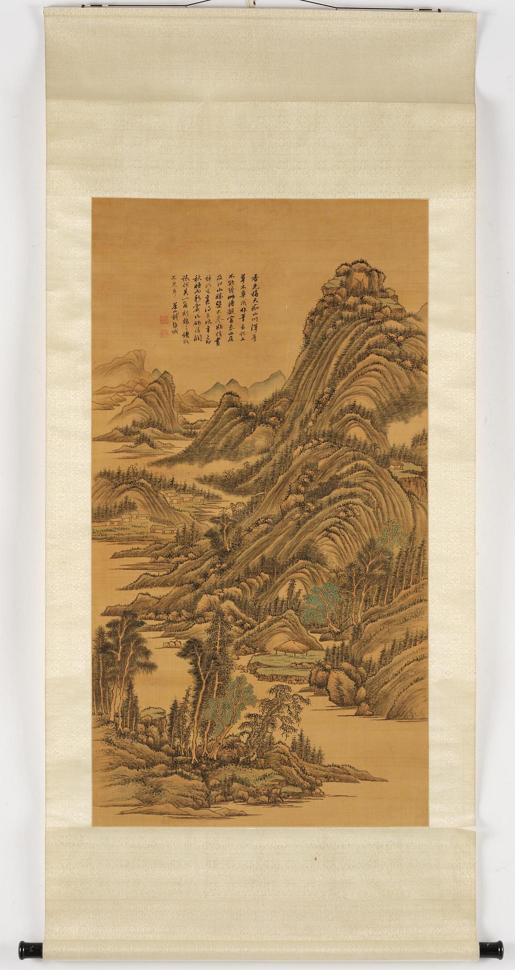 Qian Weicheng, (China 1720-1772), ink and colour on silk. 'Mountainious landscape'.