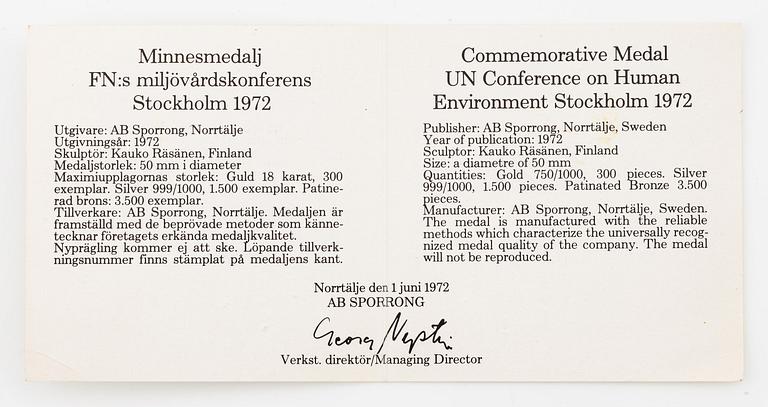 Kauko Räsänen, commemorative medal, 18K gold, Sporrong, 1972, numbered 062/300, total weight 447 g.