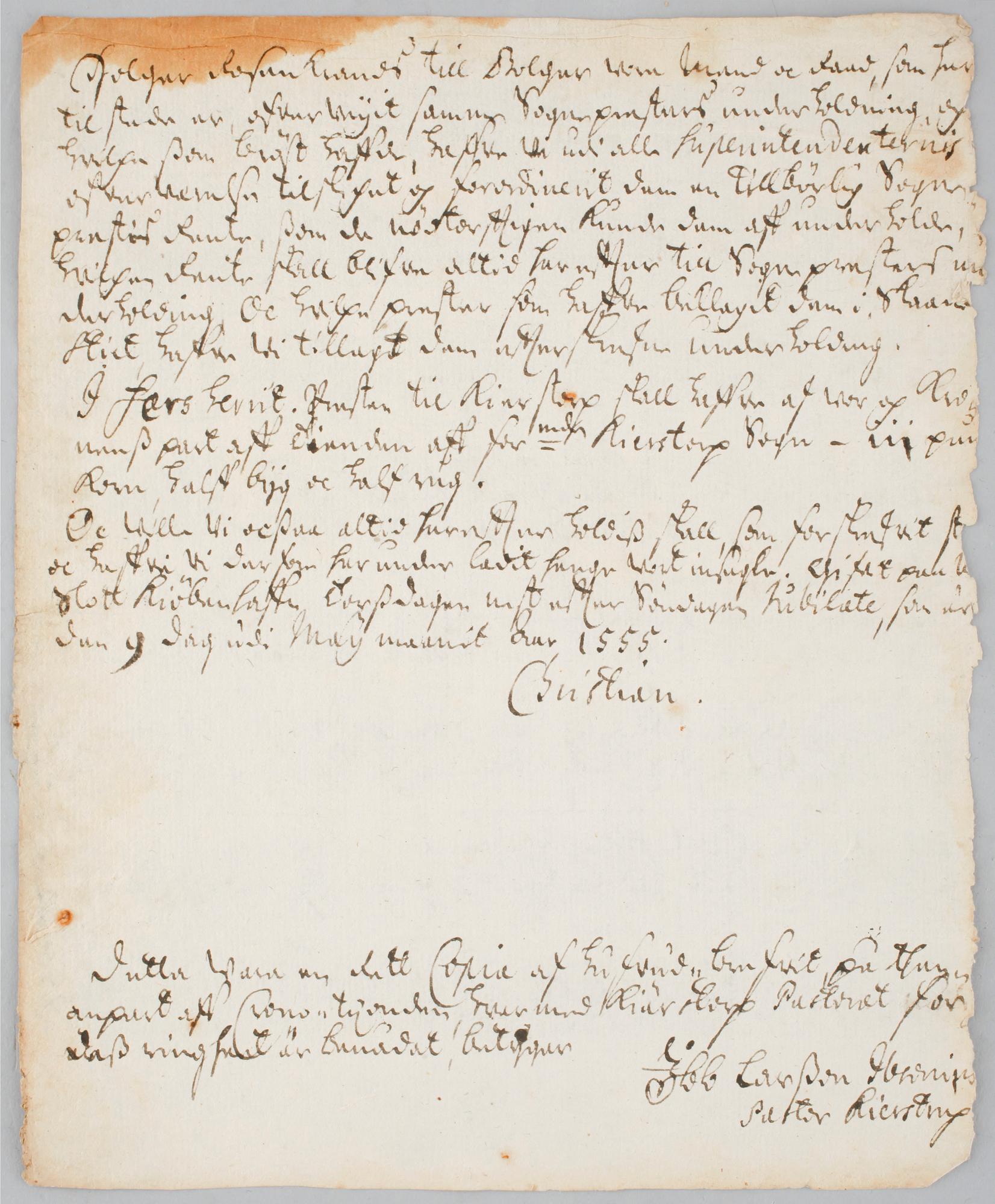 Royal letter likely signed by Christian III of Denmark, dated 1555.