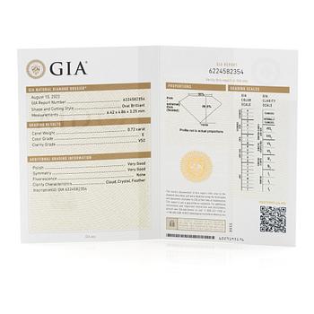 Ring 18K guld med ovalslipad diamant 0.72 ct, medföljande GIA dossier.