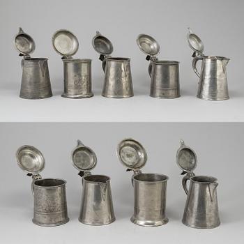 A Swedish pewter lidded porridge bowl , mark of Gustaf Silow (1848-75) and nine 19th century pewter tankards.