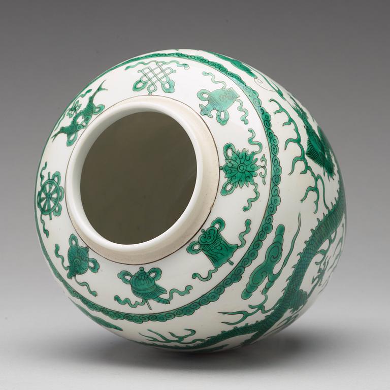 A green enamelled dragon jar, China, circa 1900.