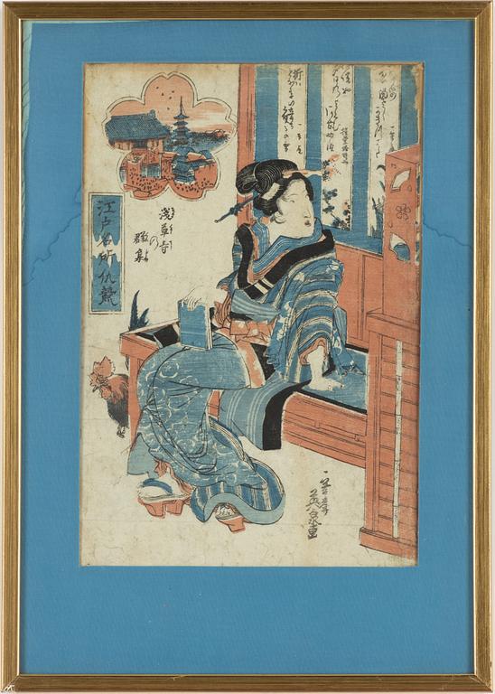 Ando Hiroshige, after, and unidentified artist, two woodblock prints.