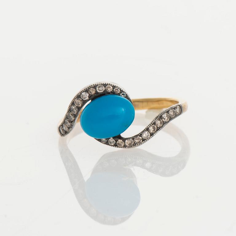 RING, guld (56), turkos, ca 2,0 ct, små diamanter totalt ca 0,50 ct. Ryska stämplar. Vikt ca 3,0 g.