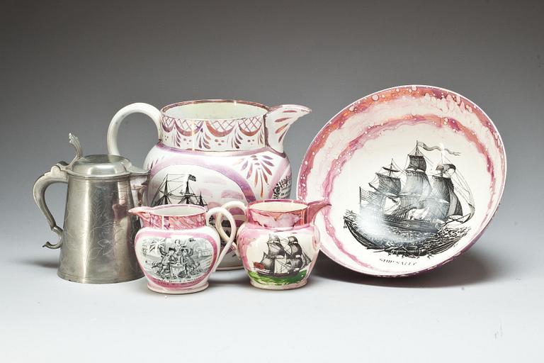 PARTI FLINTGODS + TENN, 4+1 delar. Bland annat "Lustreware" Wedgwood. Bär datering -74. England.