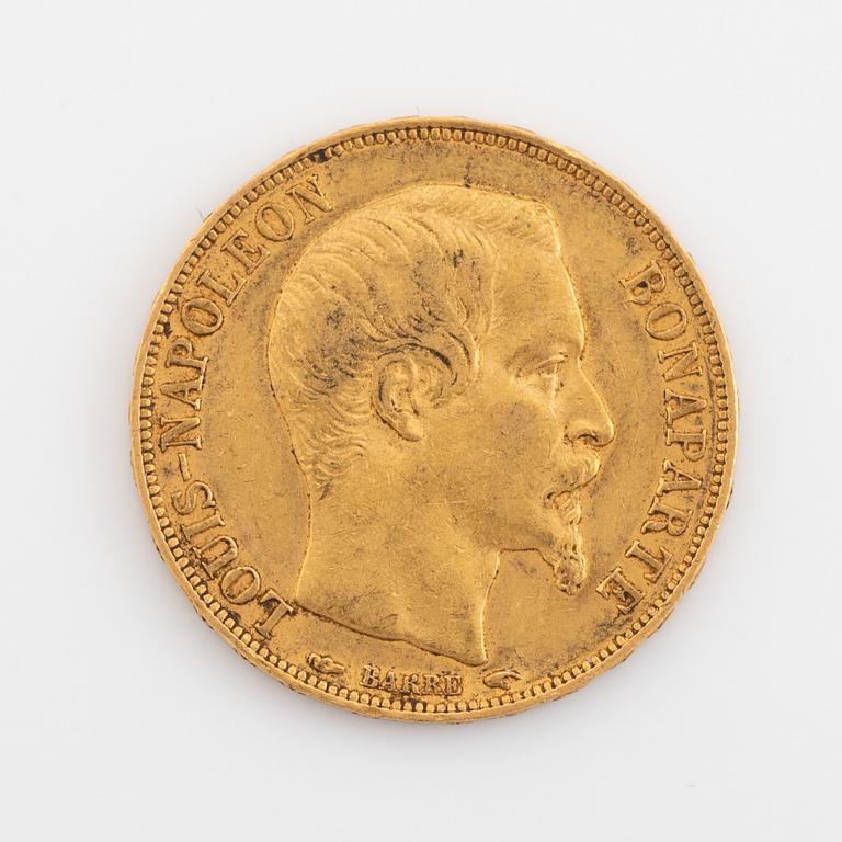 A French gold coin, Louis Napoleon, 20 Francs 1852.