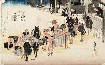 1288. Ando Utagawa Hiroshige, Figurscen med bärare, ur: 53 stationer utefter Tokaido.