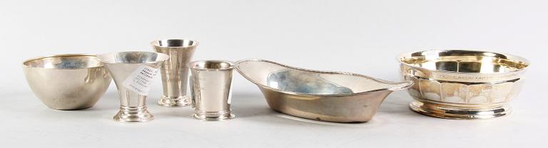 PARTI SILVER, 6 delar. Bägare samt skålar. Bl a CG Hallberg, GAB, Stockholm.