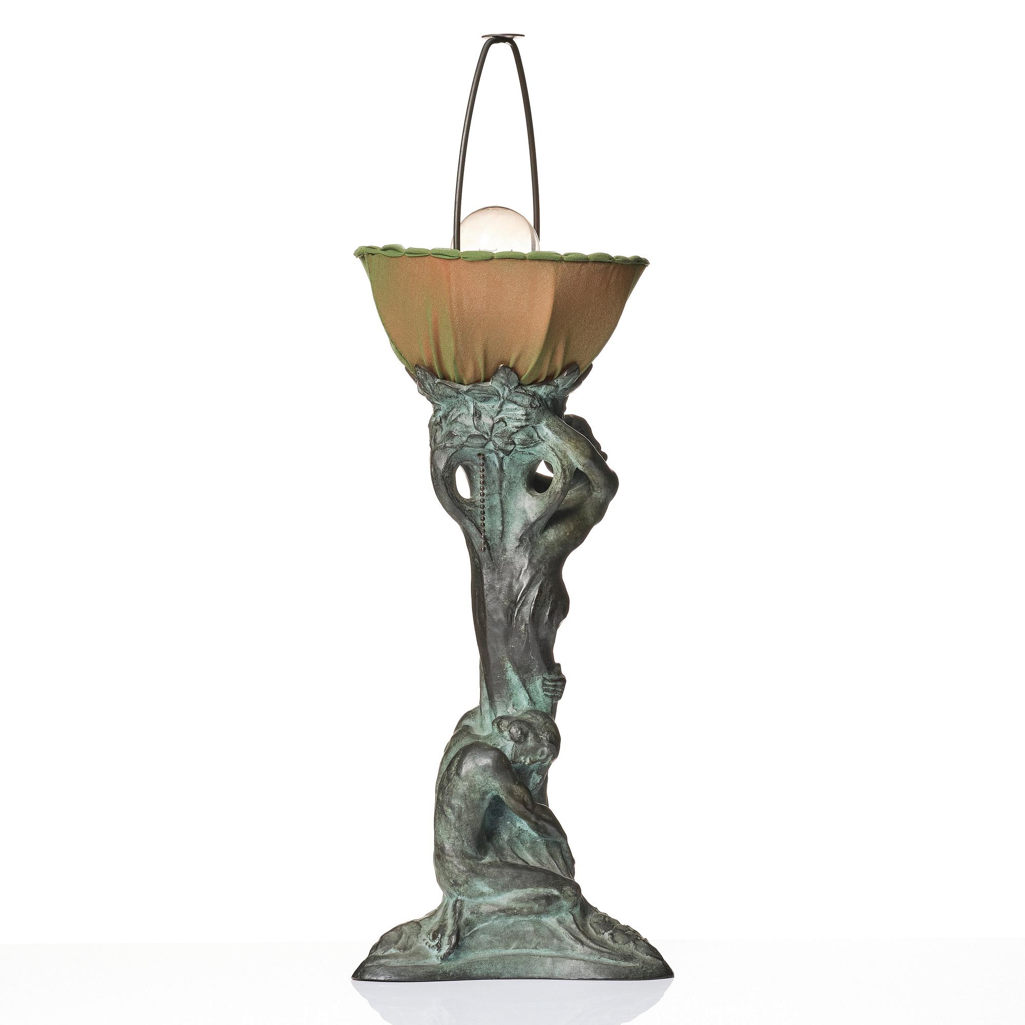 Alice Nordin, an Art Nouveau patinated bronze table lamp "Night and Morning", Herman Bergman's foundry, Stockholm, early 1900s.