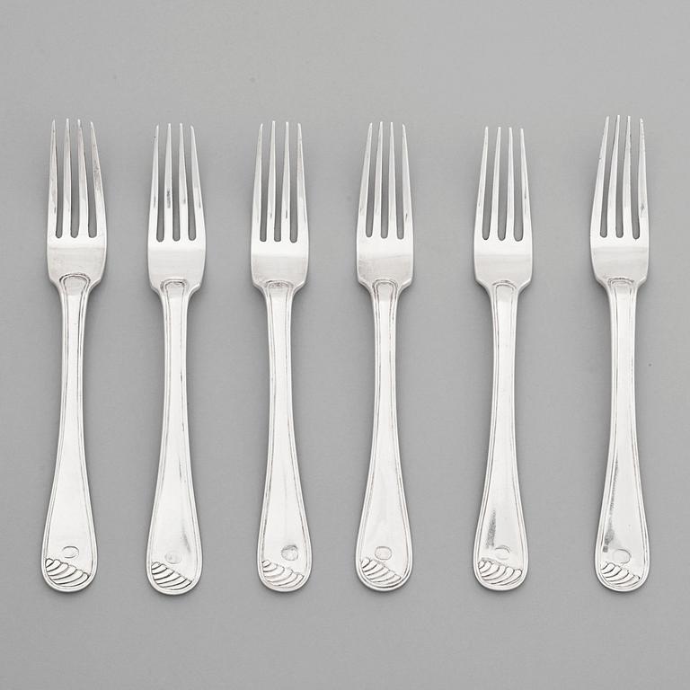 A set of six Swedish 18th century silver forks, mark of Carl Åberg, Arboga 1765.