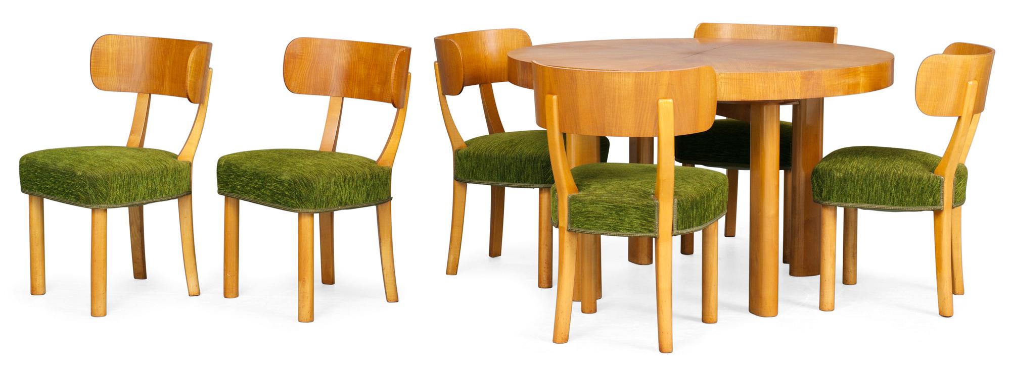 An Axel Einar Hjorth dinner table with 6 chairs "Birka" in ashe wood, by Nordiska Kompaniet, 1930's.