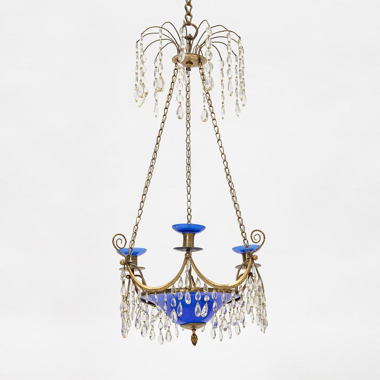 A late Gustavian three-light chandelier, Stockholm, late 18th century.