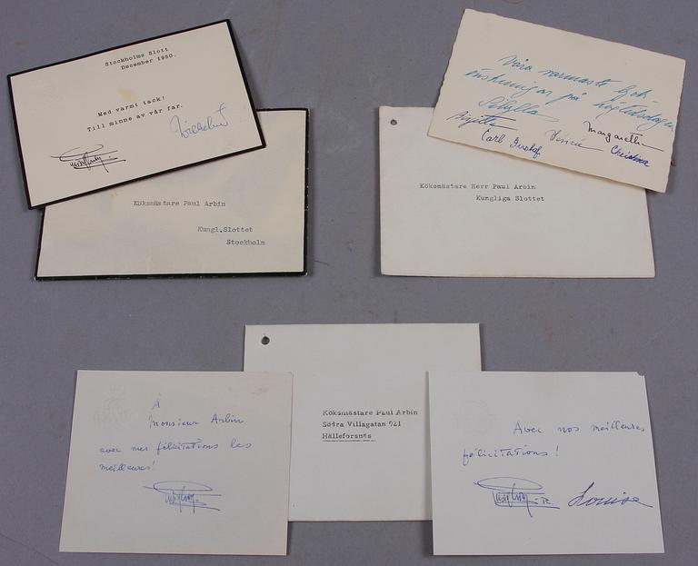 KUNGLIGA HÄLSNINGAR, 4 st i tre kuvert, Gustaf VI Adolf och Louise resp Wilhelm samt Sibylla med barn. 1940-50-tal.