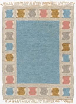 A flat weave carpet, signed BS (possibly Birgitta Södergren), c. 215 x 164 cm.