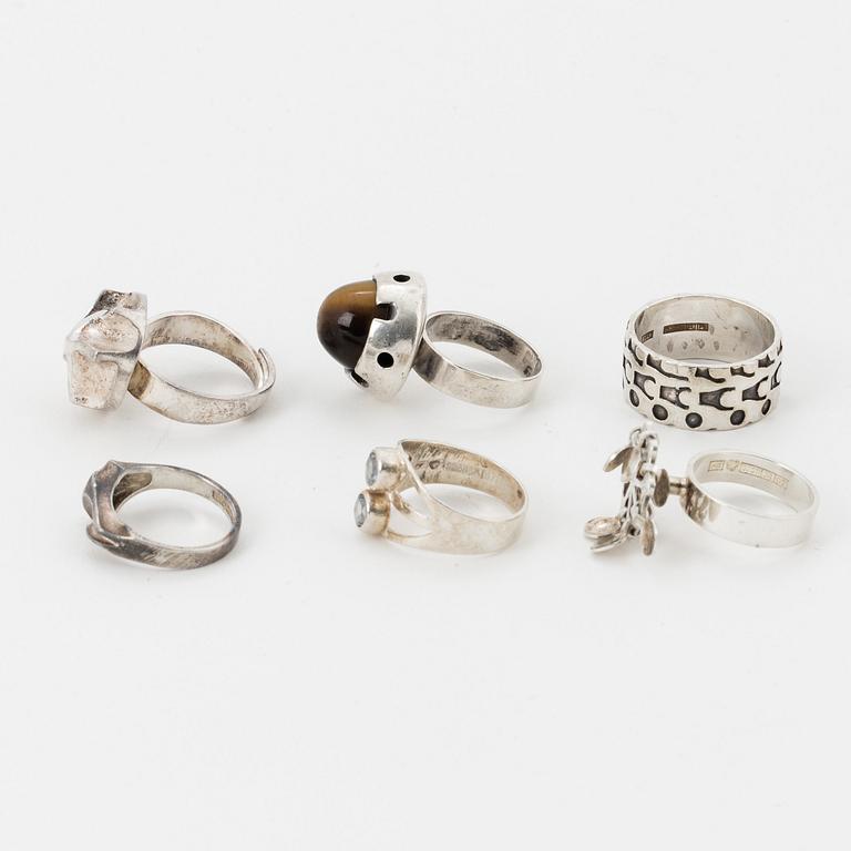 Six silver rings, Finnish marks, one Lapponia.