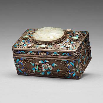 501. A silvered and enamelled box with cover with stone inlay, China, early 20th Century.