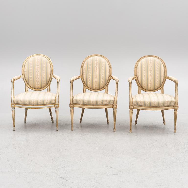 A set of three presumably Danish Louis XVI armchairs, late 18th century.