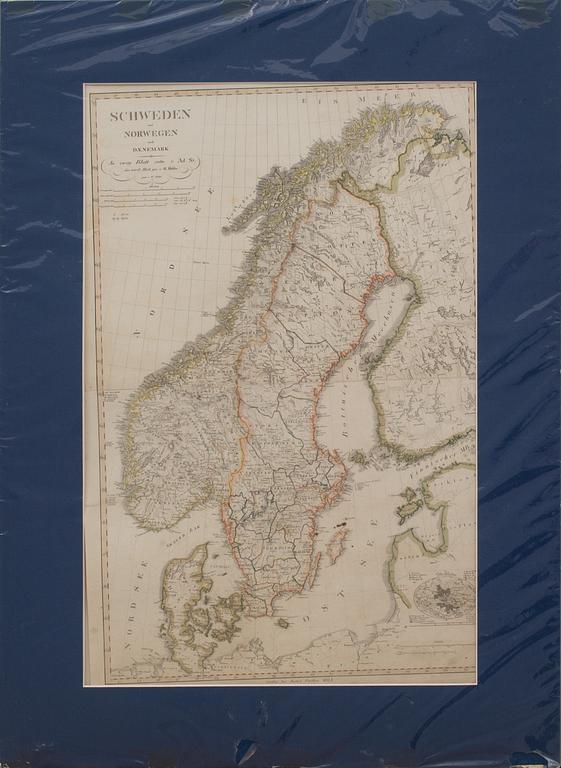 KARTA, "Schweden und Norgwegen auch Daenmark" Justus Perthes, 1824.