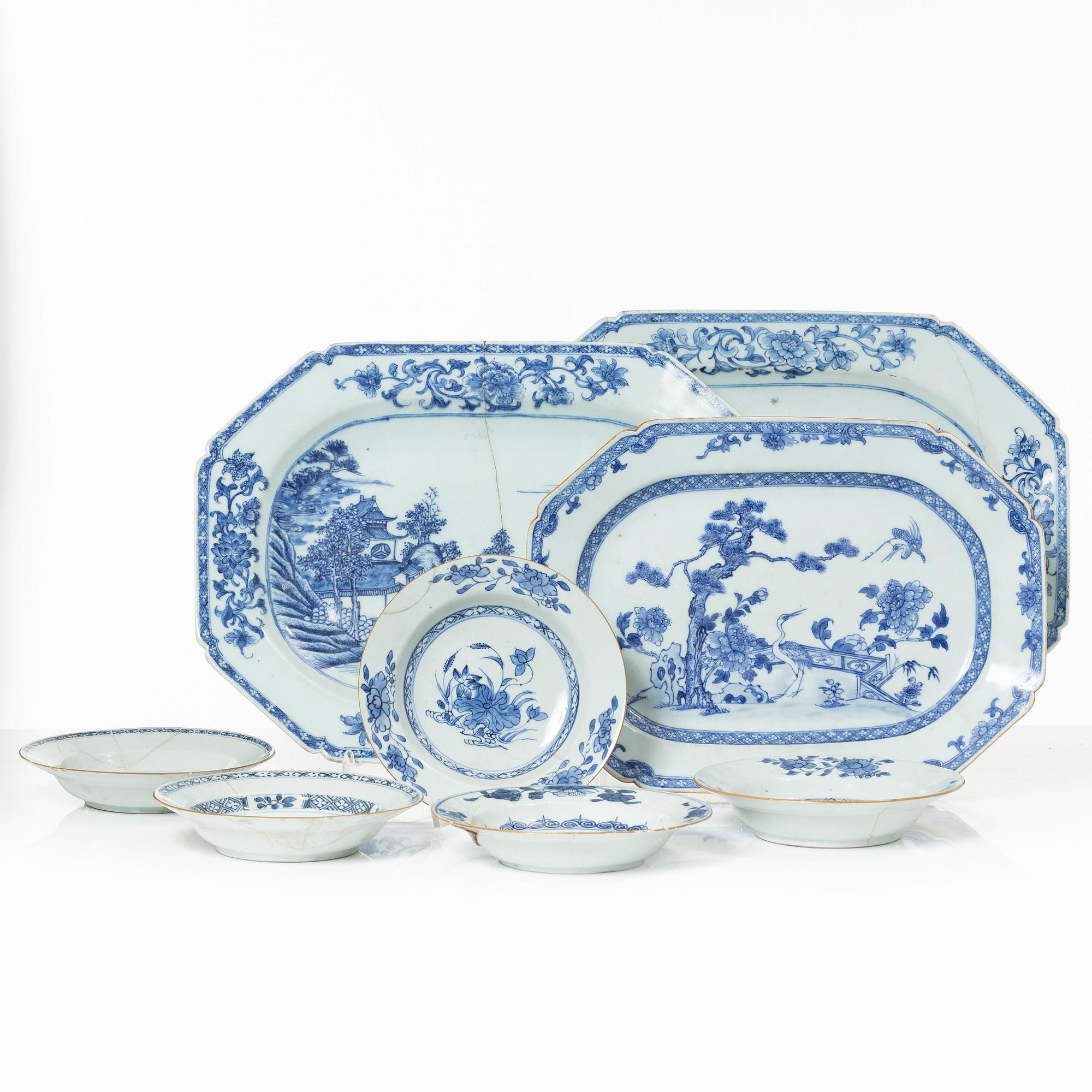 A group of three Chinese blue and white porcelain serving dishes and five dessert plates, Qing dynasty, Qianlong(1736-95.