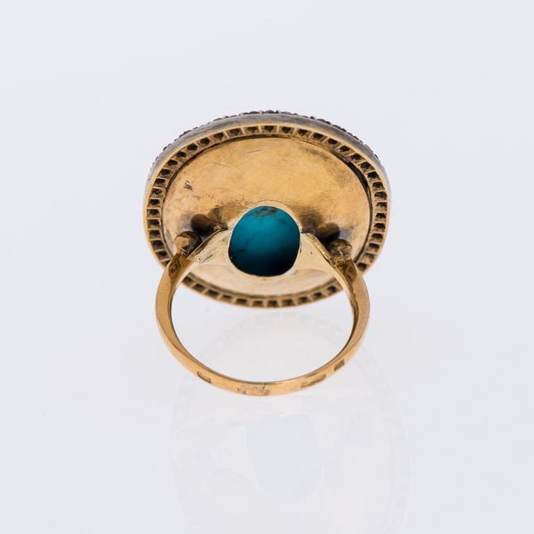RING, guld (56), turkos ca 40 ct, rosenslipade diamanter tot. ca 1,00 ct. Ryska stämplar.