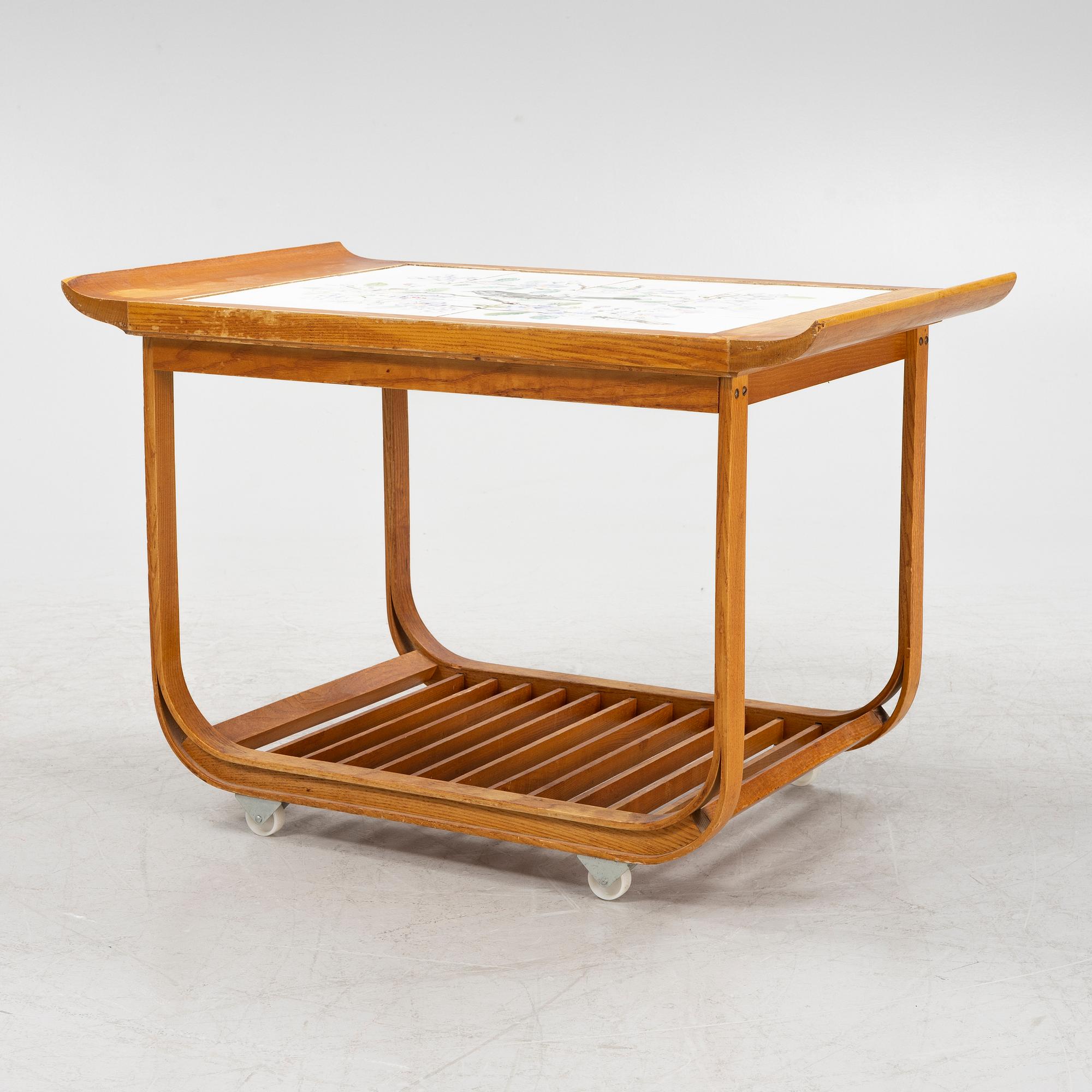 An elmwood serving trolley, Ferdinand Lundqvist, Gothenburg, 1940's/50's.