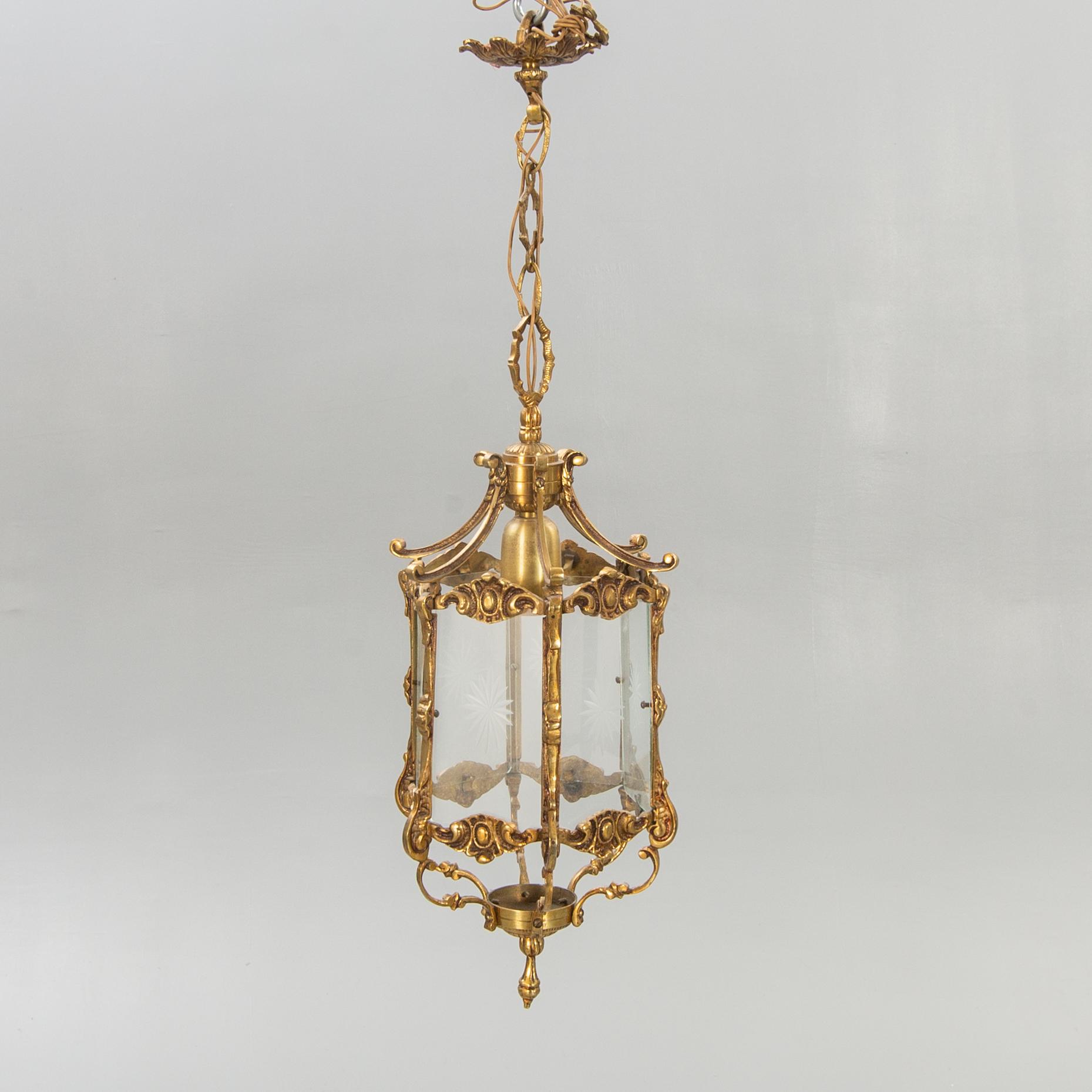 Ceiling lamp / Lantern, brass mid-20th century.