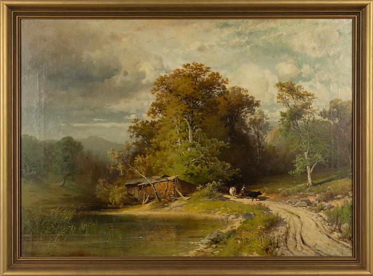 Okänd konstnär 1800-tal. Landskap med figur och boskap.