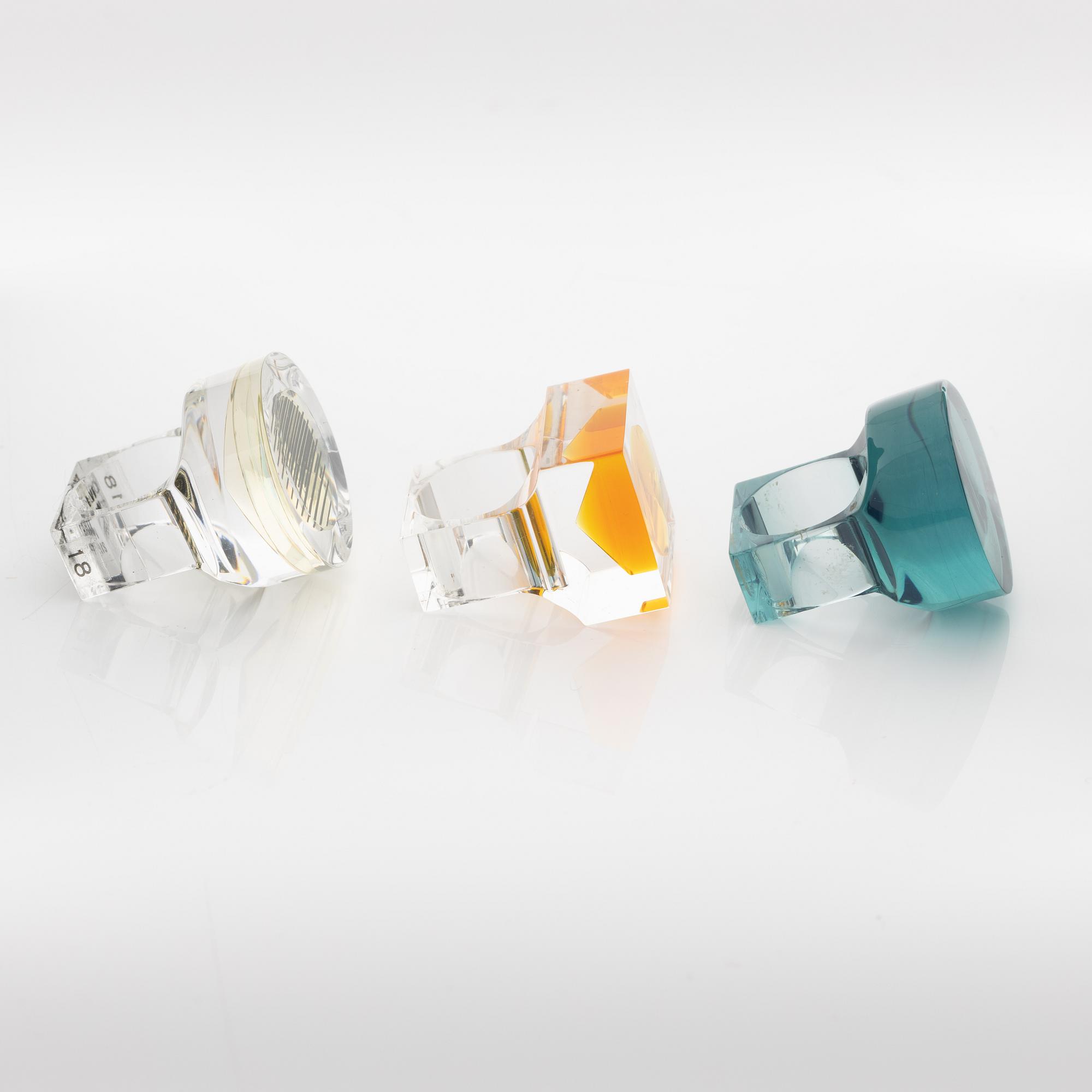 Siv Lagerström, three acrylic plastic rings, 1970s.