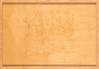 Birger Kaipiainen, teckning, tusch på plywood, signerad Birger Kaipiainen 1946.