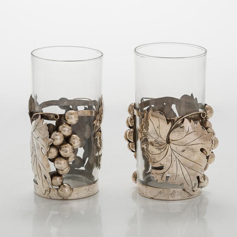 Juomalaseja, 8 + 1 kpl, hopeaa ja lasia,  Rancho Alegre Mexico 1900-luvun puoliväli.