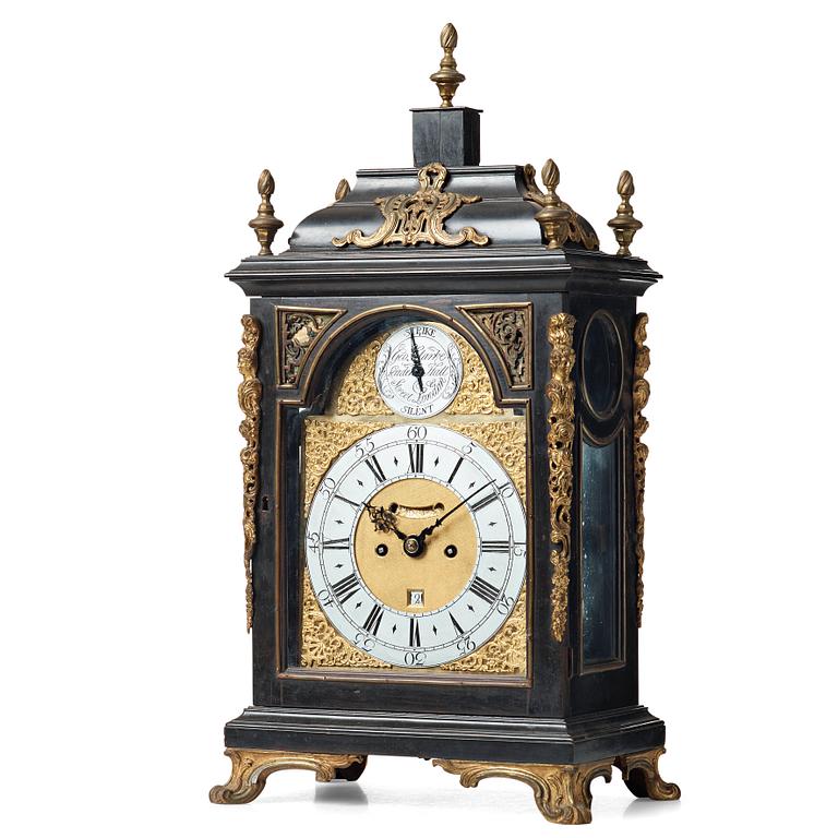 An English 18th century table clock, dial signed  George Clarke, Leaden Hall, Street London.