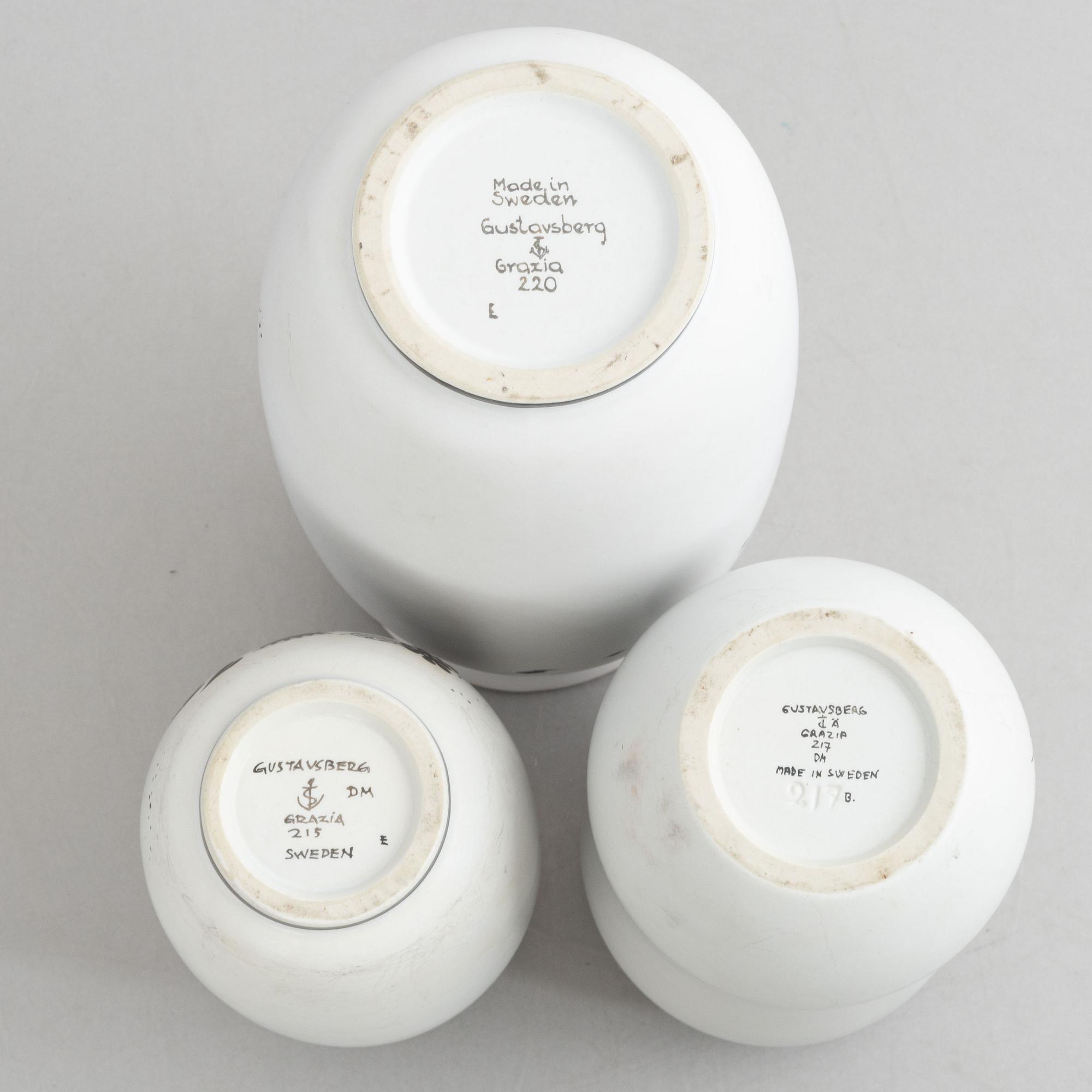 Stig Lindberg, a set of three "Grazia" vases, stoneware, Gustavsberg, 1946-69.