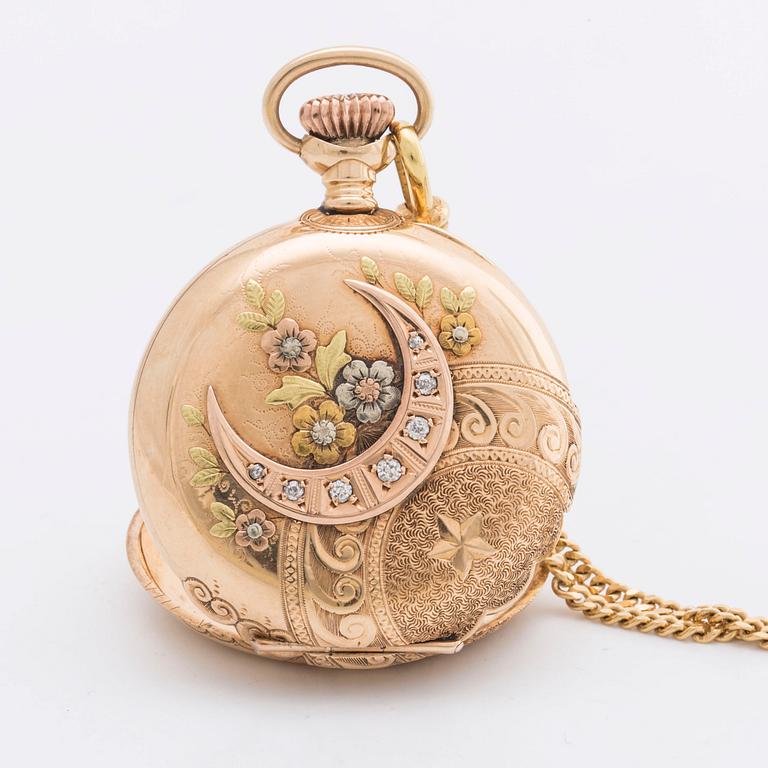 POCKET WATCH 14K gold Waltham and CHAIN 18K gold w 7 old-cut diamonds, 33 mm.