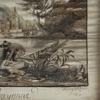 Embroideries, 1 pair, "Vue des Environs de Bayonne", signed and dated.