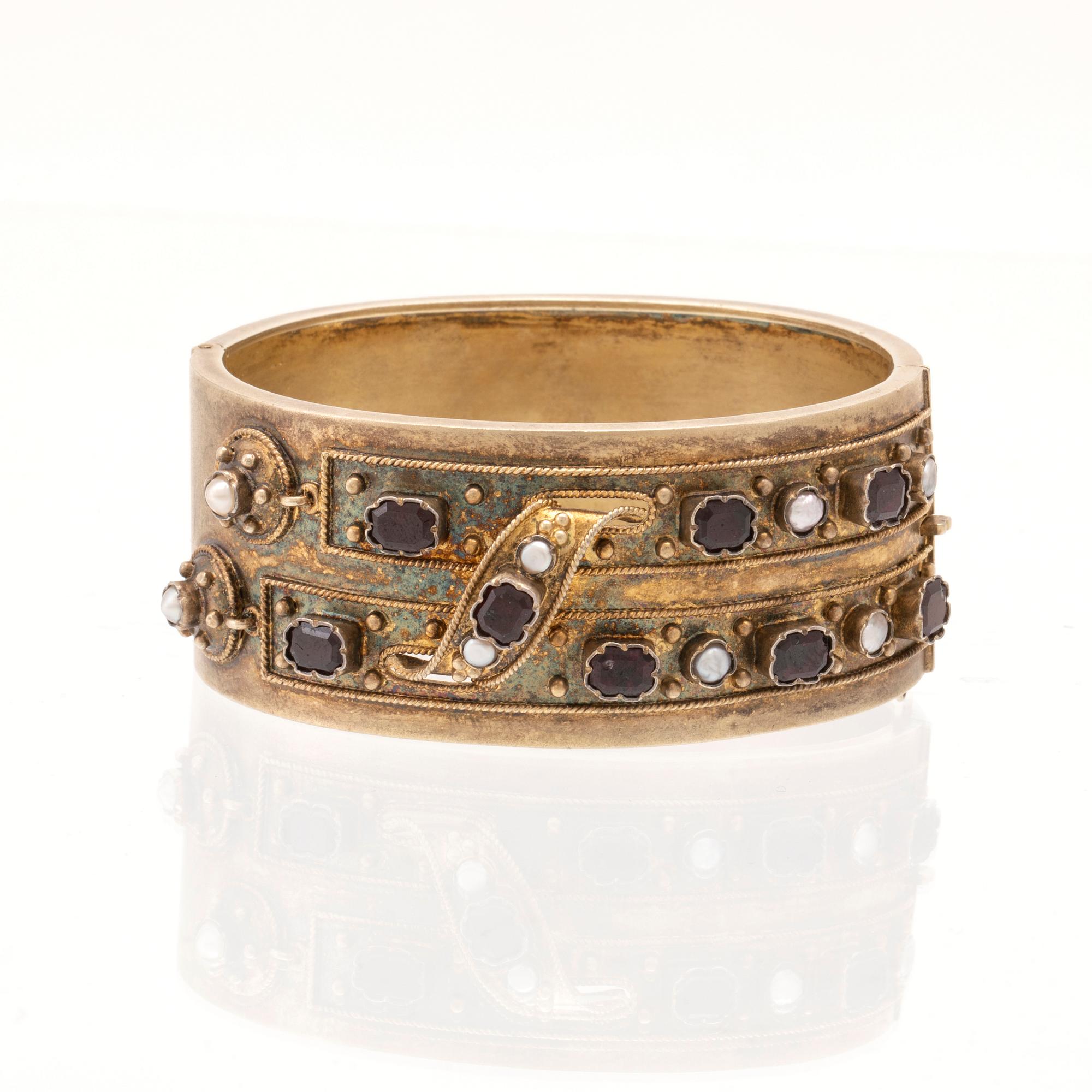 Bracelet and brooch of gilded silver with cultured pearls and garnets, likely by Bernhard Hertz Denmark 1884.