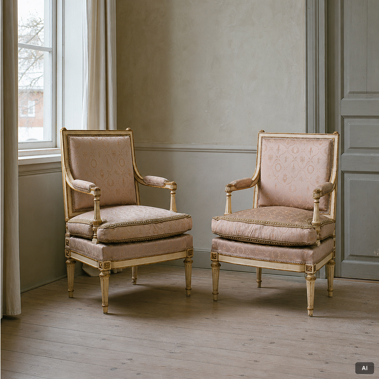 Karmstolar, ett par, Directoire-stil, omkring år 1900.