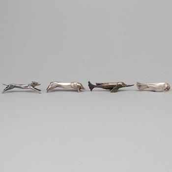 12 silver plated animal-shaped knife rests designed by Marcel Edouard Sandoz for Gallia Christofle, France.