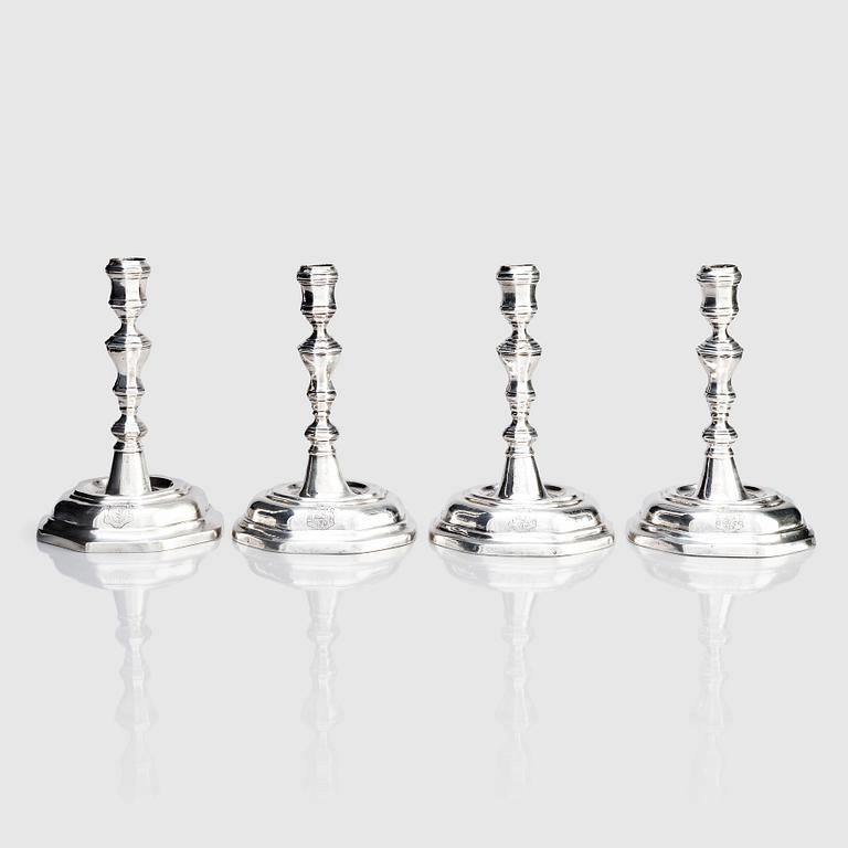 Four German early 18th century silver candlesticks, Stuttgart.