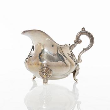 Wilhelm T Binder, sugar bowl, creamer, tray and sugar tong, silver, Schwäbisch Gmünd, Germany, 20th century.