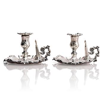 109. A pair of Swedish 19th century silver chamber-candlesticks, marks of Gustaf Möllenborg, Stockholm 1857.