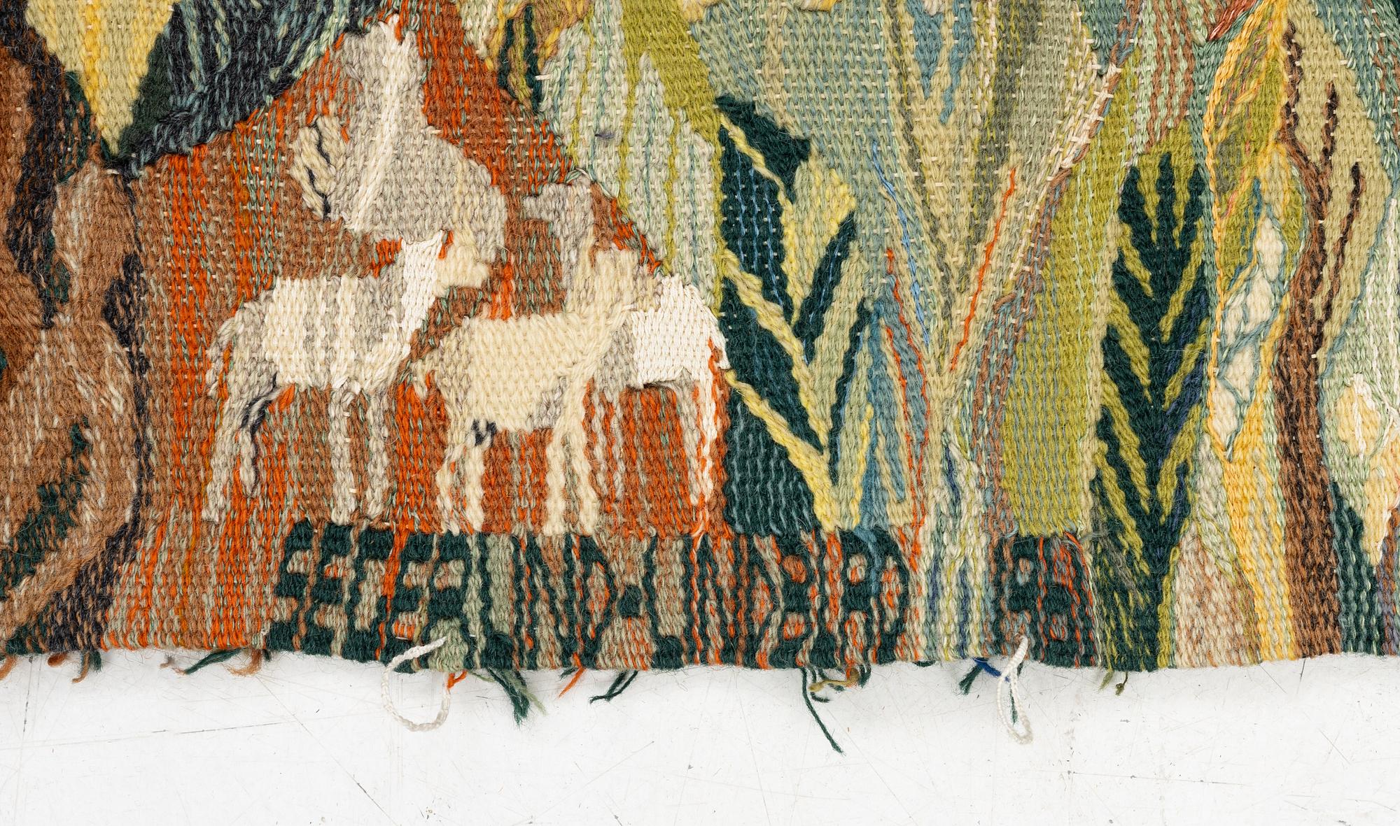 Inger Segerlind-Lindblad, vävnad, gobelängteknik, ca 97 x 70 cm, signerad o daterad 1961.