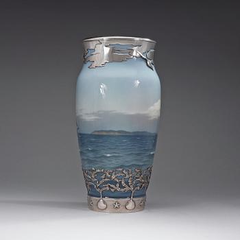 A Royal Copenhagen silver-mounted 'seascape' porcelain vase with the silver marks of Anton Michelsen, Copenhagen 1925.