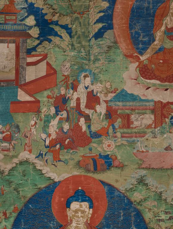 THANGKA. Tibet, troligen 1800-tal. Shakyamuni med lärjeungar och lamor.