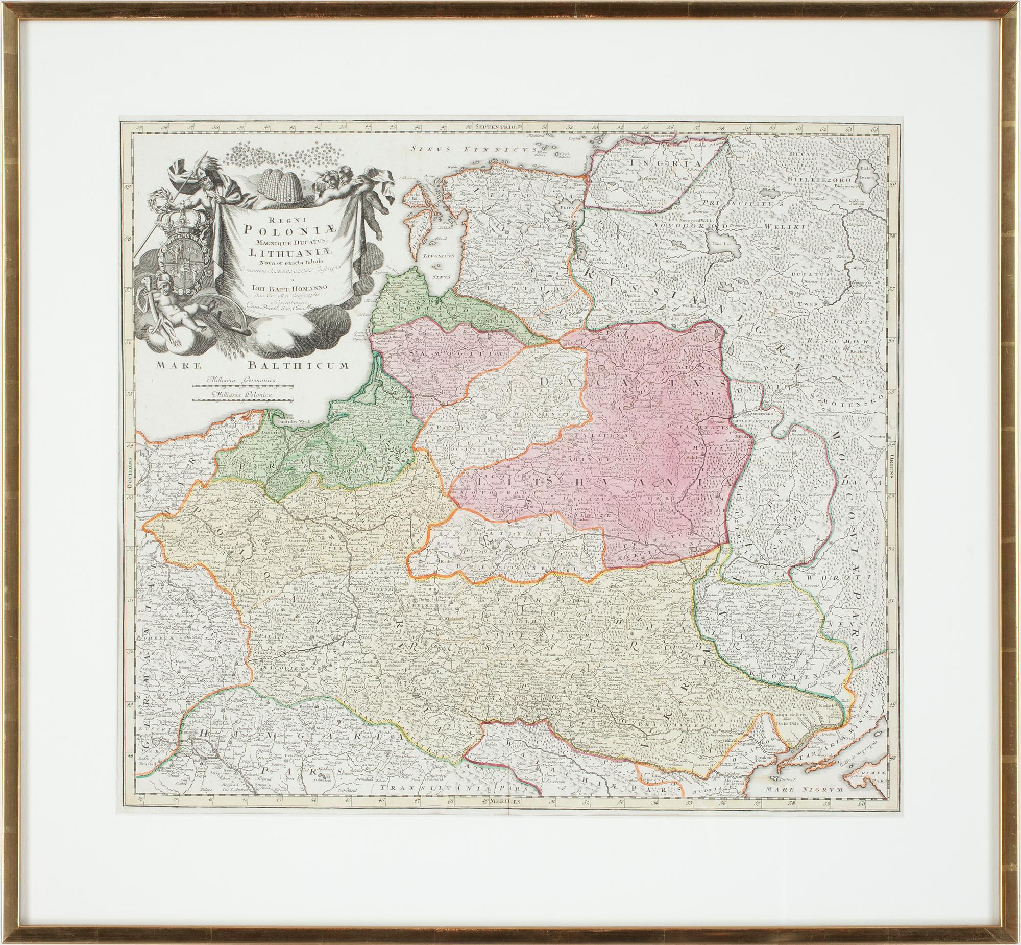 KARTA, gravyr, "Regni Polonia magnique ducatus Lithuania", senare avdrag efter Johann Baptista Homann, 1800-tal.